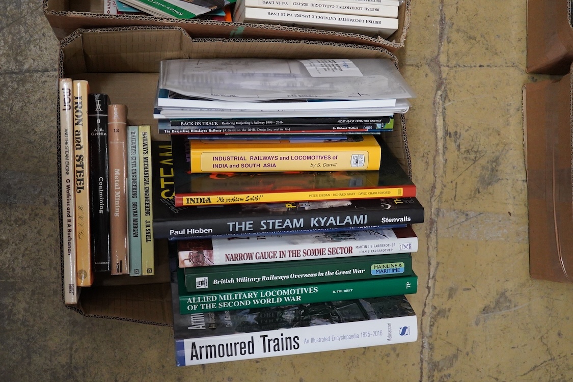 Four boxes of Railway related books, subjects include; Rail Guide ABC year books, Locomotive and Train Working in the 19th century, British Locomotive Catalogue, Armoured Trains, etc., publishers include; Pen & Sword, He